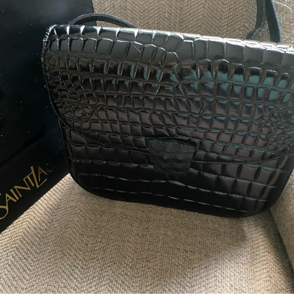 Yves Saint Laurent Black Croc-Embossed Crossbody Bag